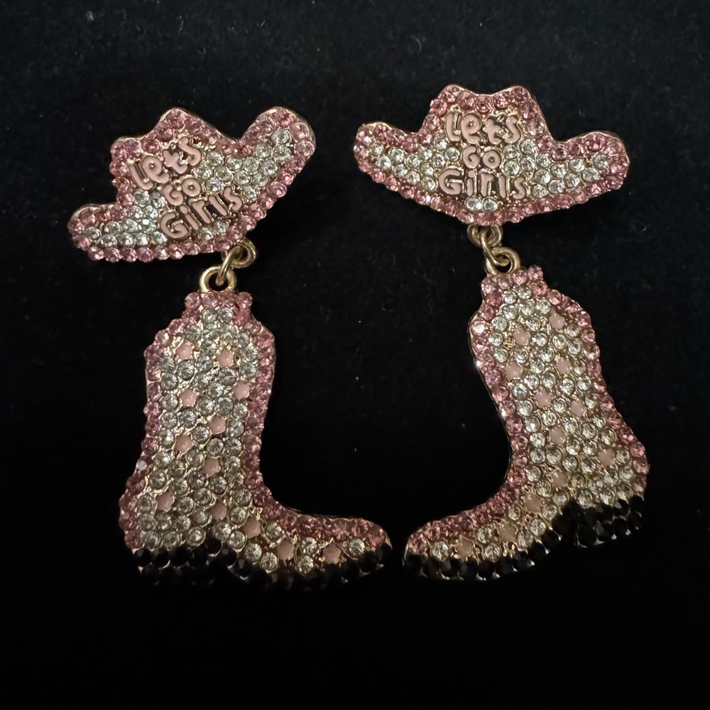 Pink Crystal 'Let's Go Girls' Cowboy Hat & Boot Drop Earrings